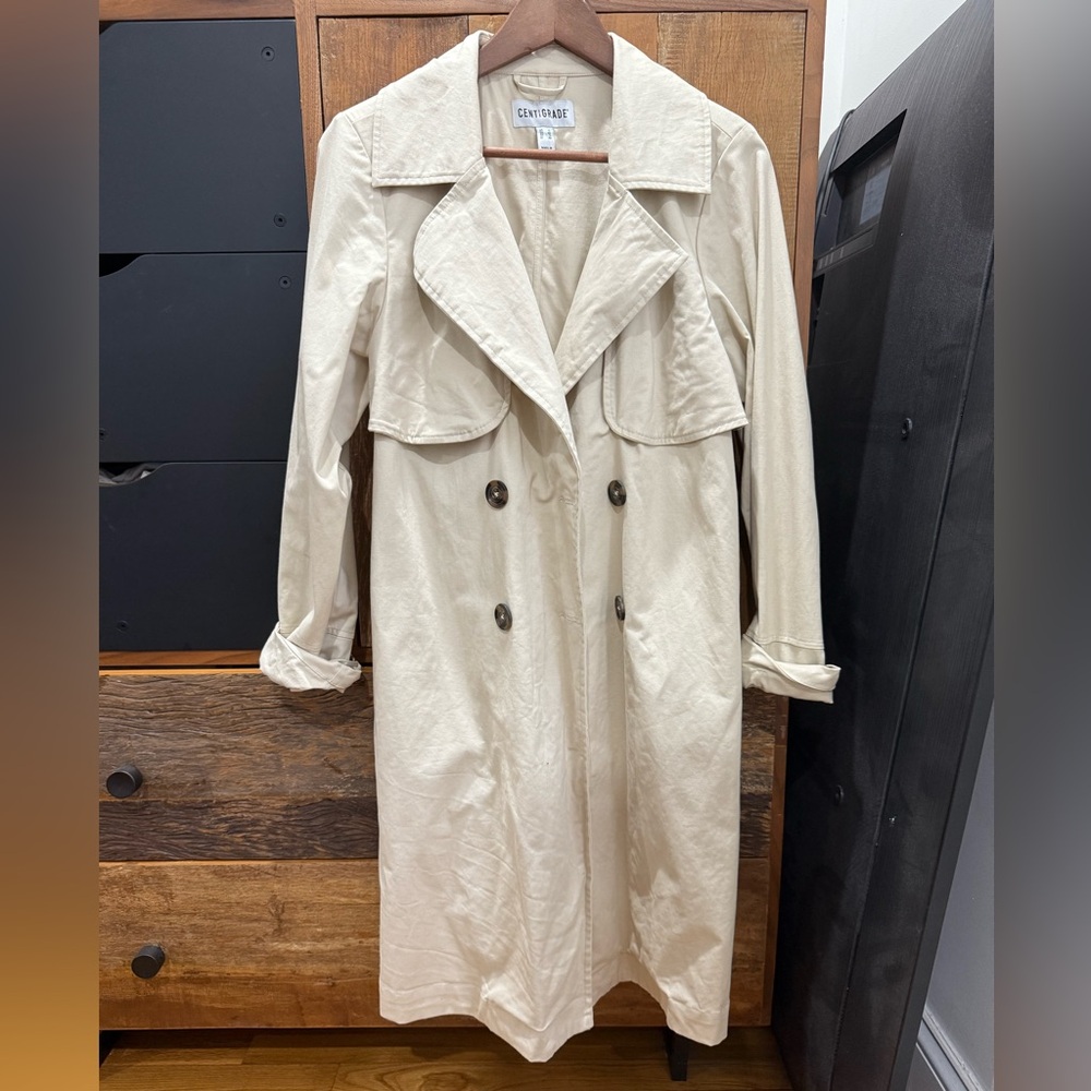 Cream Double-Breasted Trench Coat with Belted Cuffs